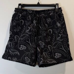 Men's Black Patterned Flat Front Shorts